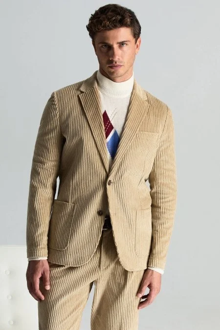 Pamuk Karışımlı Çizgi Desen Camel Kadife Blazer Ceket