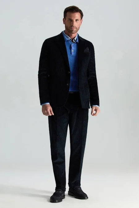 Pamuk Karışımlı Lacivert Kadife Blazer Ceket