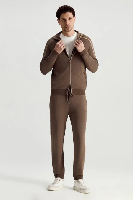 Pamuk Karışımlı Kapüşonlu Fermuarlı Açık Kahverengi Hırka