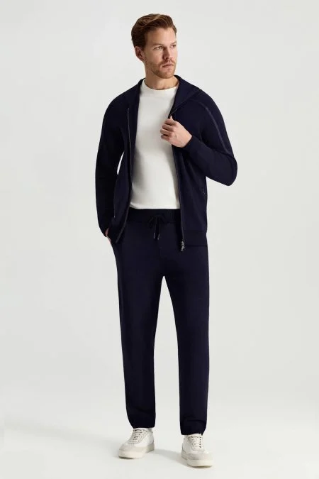 Pamuk Karışımlı Kapüşonlu Fermuarlı Lacivert Hırka