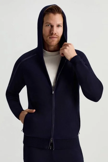 Pamuk Karışımlı Kapüşonlu Fermuarlı Lacivert Hırka