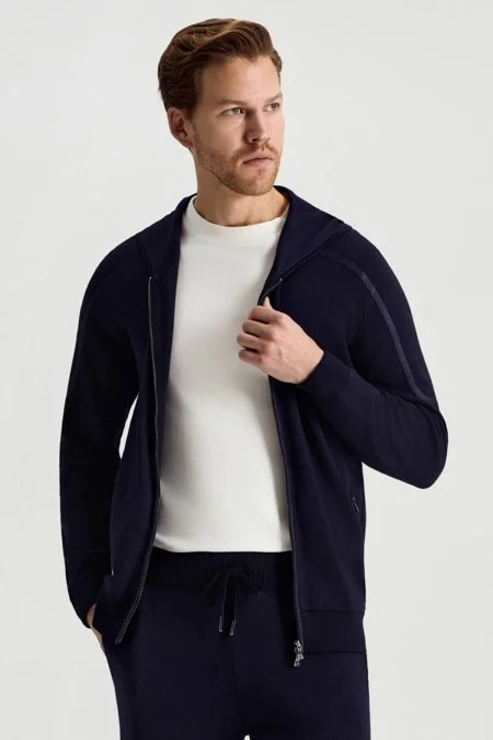 Pamuk Karışımlı Kapüşonlu Fermuarlı Lacivert Hırka