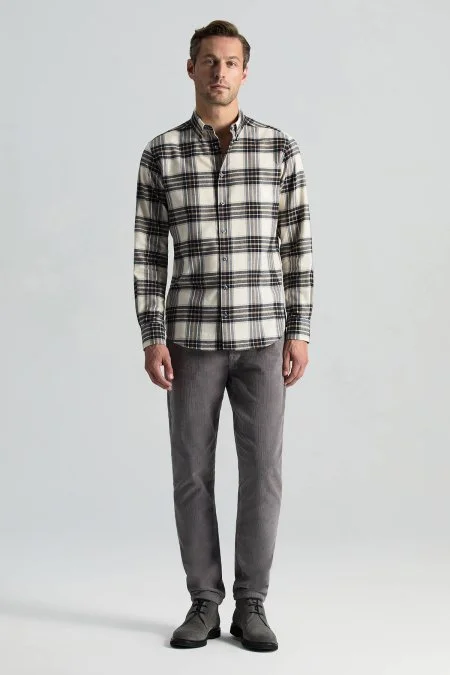 Pamuk Kaşmir Karışım Ekose Desen Beyaz-Lacivert Gömlek