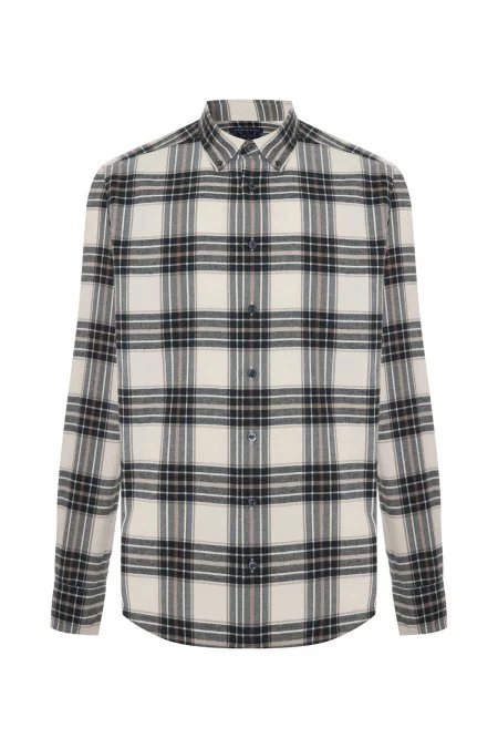 Pamuk Kaşmir Karışım Ekose Desen Beyaz-Lacivert Gömlek