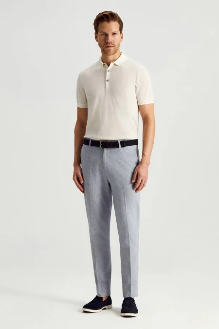 Pamuk Keten Karışım Orta Mavi Chino Pantolon