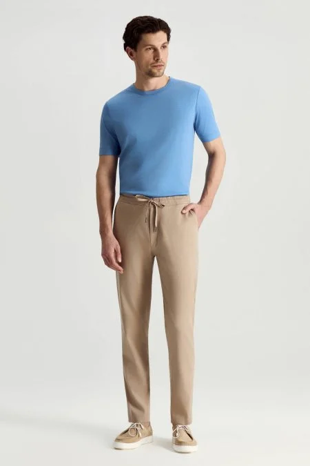 Pamuk Tencel Karışım Bej Rengi Relax Fit Yazlık Jogger Pantolon