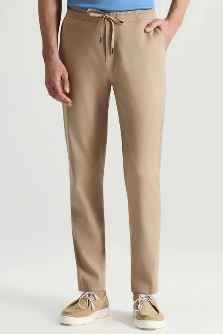 Pamuk Tencel Karışım Bej Rengi Relax Fit Yazlık Jogger Pantolon