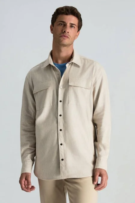 Pamuk Tencel Kumaş Metal Düğmeli Açık Bej Ceket Gömlek