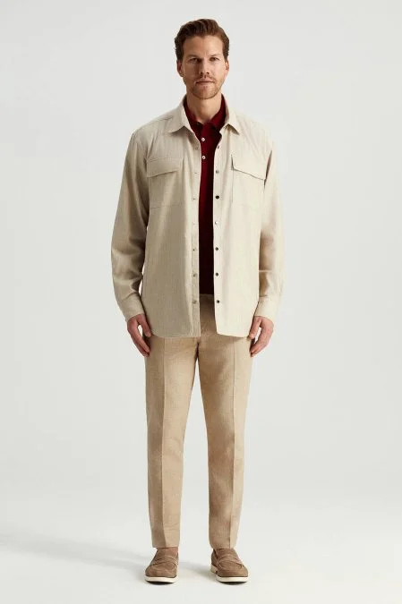 Pamuk Tencel Kumaş Metal Düğmeli Açık Bej Ceket Gömlek