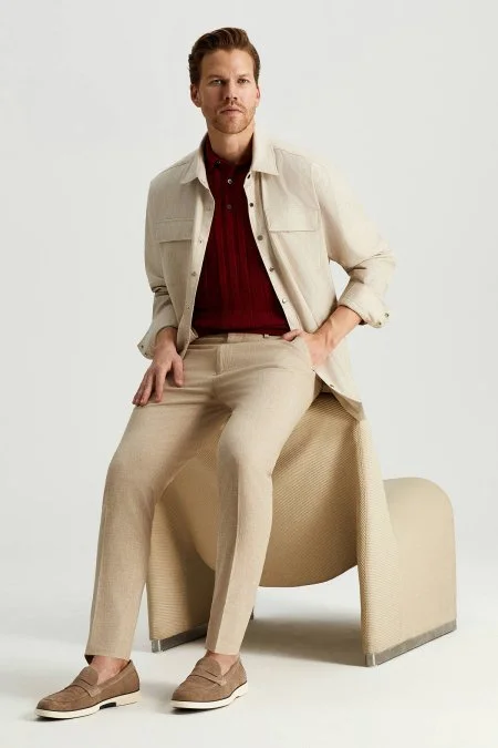 Pamuk Tencel Kumaş Metal Düğmeli Açık Bej Ceket Gömlek