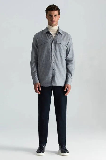 Pamuk Tencel Kumaş Metal Düğmeli Lacivert Ceket Gömlek