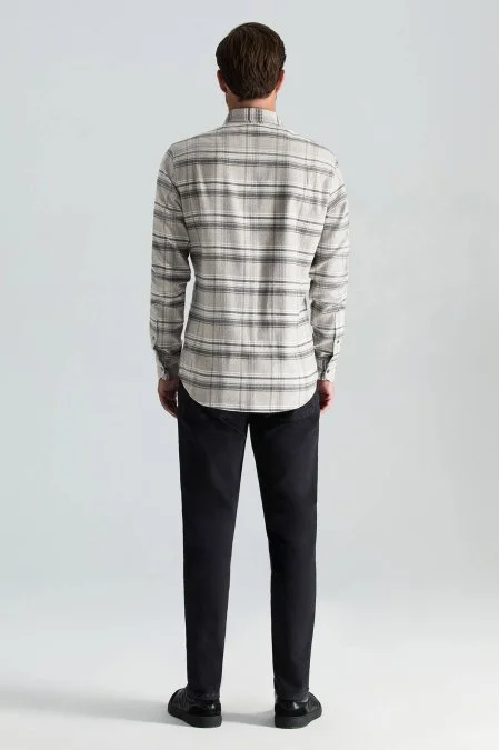 Pamuk Yün Karışım Ekose Desen Gri Gömlek