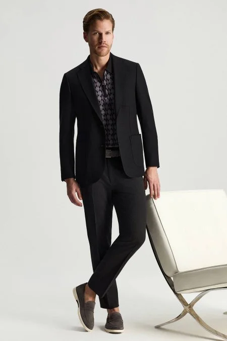 Pamuk Yün Karışım Siyah Chino Pantolon