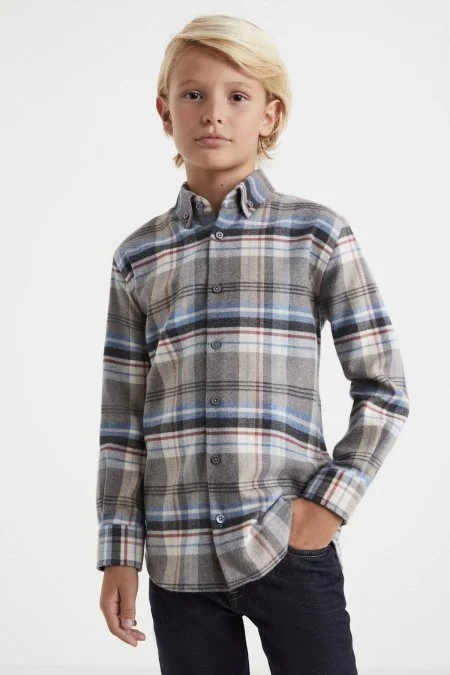 Pamuk Yün Karışım Desenli Mavi Çocuk Gömlek