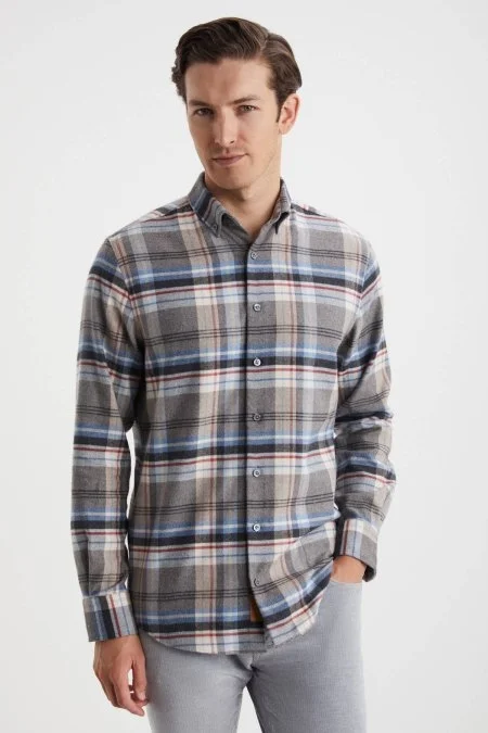 Pamuk Yün Karışımlı Desen Mavi Gömlek