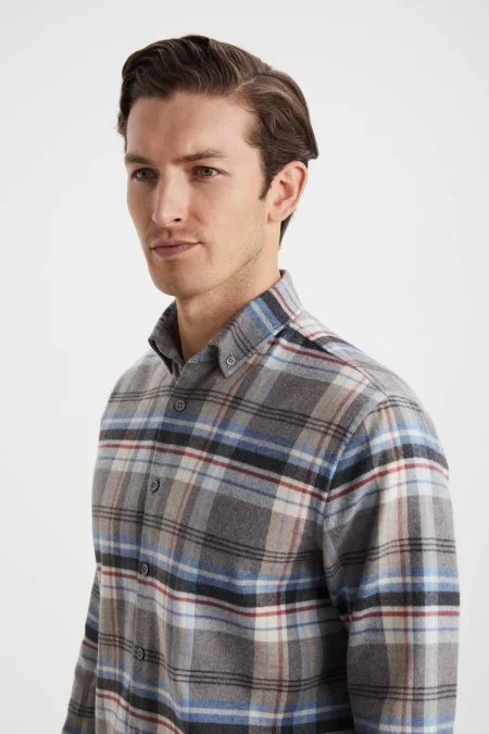 Pamuk Yün Karışımlı Desen Mavi Gömlek