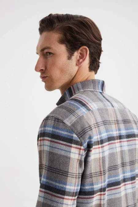 Pamuk Yün Karışımlı Desen Mavi Gömlek