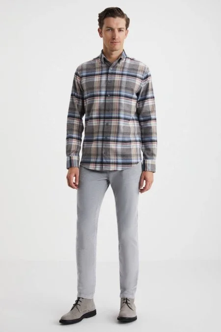 Pamuk Yün Karışımlı Desen Mavi Gömlek