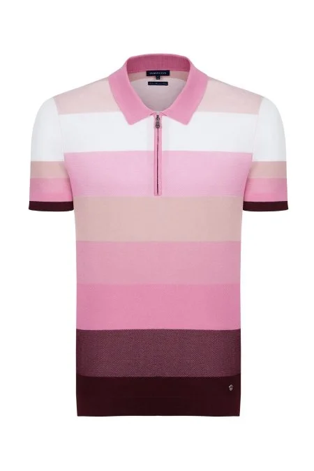 Pembe Çizgili Fermuarlı Yaka Merserize Pamuk Triko Polo