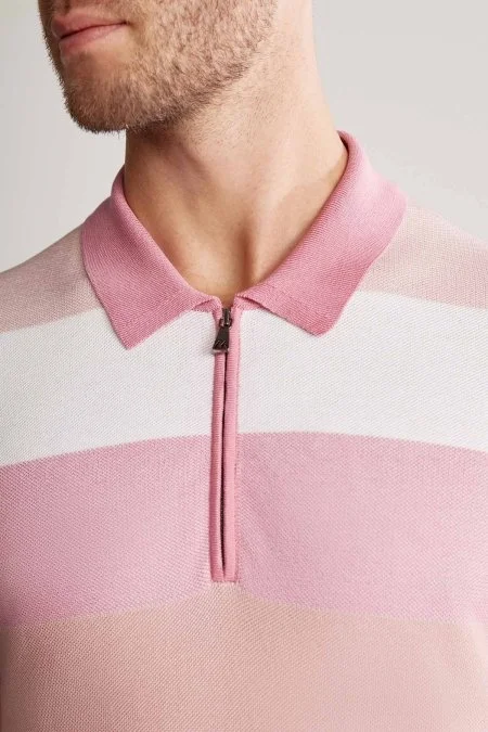 Pembe Çizgili Fermuarlı Yaka Merserize Pamuk Triko Polo