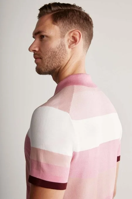 Pembe Çizgili Fermuarlı Yaka Merserize Pamuk Triko Polo