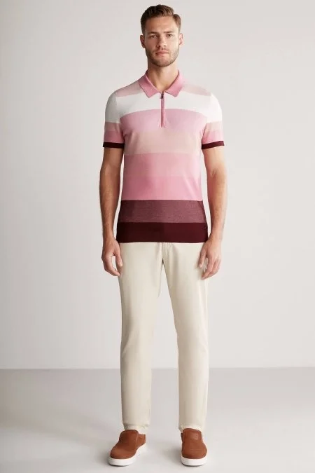 Pembe Çizgili Fermuarlı Yaka Merserize Pamuk Triko Polo