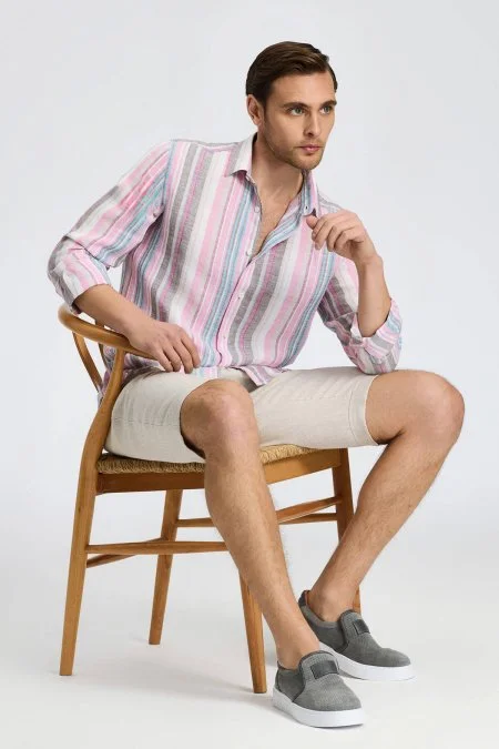 Pembe Çizgili Saf Keten Gömlek