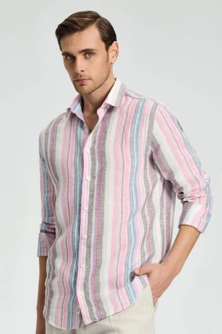 Pembe Çizgili Saf Keten Gömlek