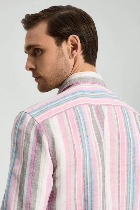 Pembe Çizgili Saf Keten Gömlek