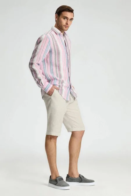 Pembe Çizgili Saf Keten Gömlek