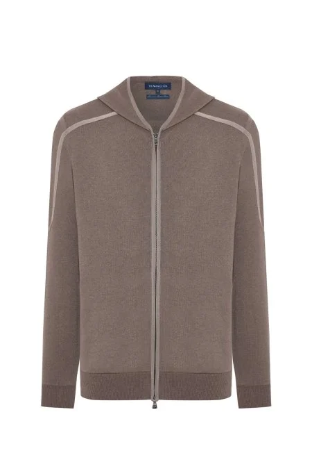 Pike Örgü Pamuk Karışım Kapüşonlu Açık Kahverengi Triko Hırka