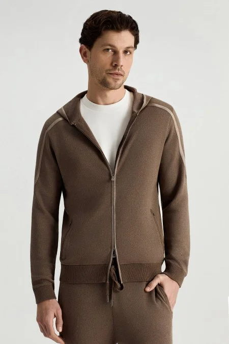 Pike Örgü Pamuk Karışım Kapüşonlu Açık Kahverengi Triko Hırka