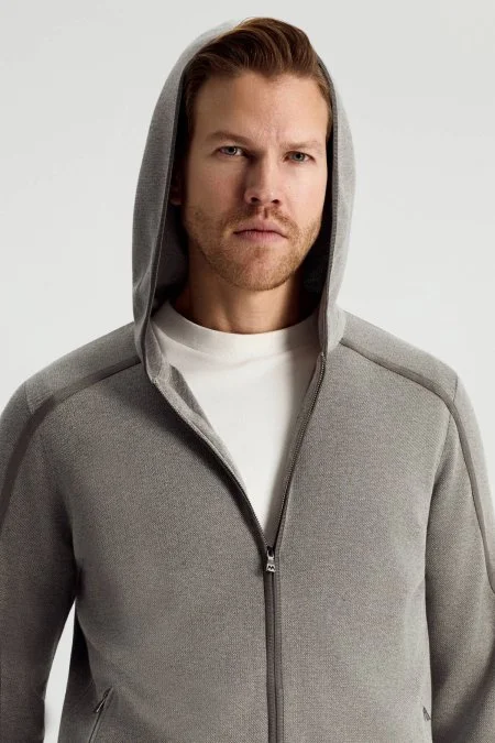 Pike Örgü Pamuk Karışım Kapüşonlu Gri Triko Hırka