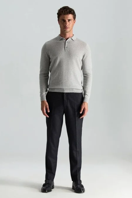 Polo Yaka Saf Kaşmir Açık Gri Kazak