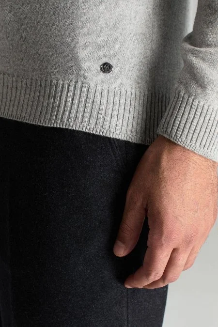 Polo Yaka Saf Kaşmir Açık Gri Kazak