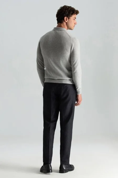 Polo Yaka Saf Kaşmir Açık Gri Kazak