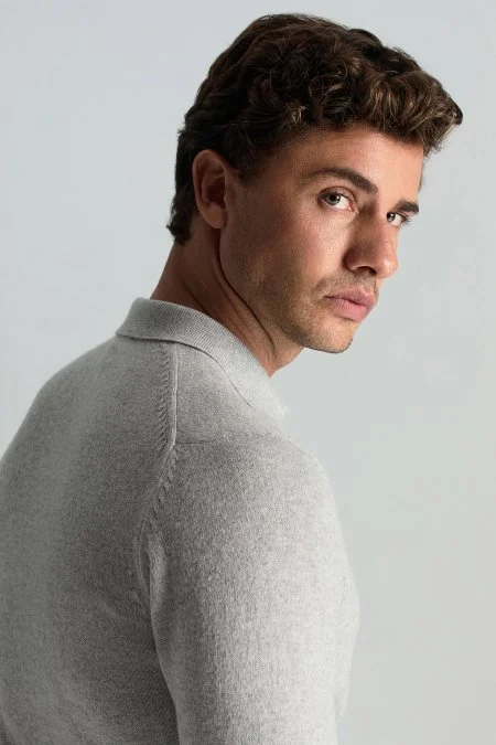 Polo Yaka Saf Kaşmir Açık Gri Kazak