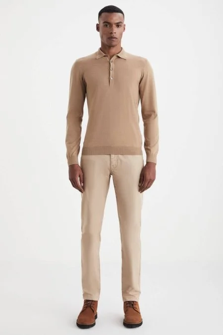 Extrafine Merino Polo Yaka Camel Triko