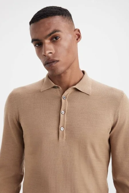 Extrafine Merino Polo Yaka Camel Triko