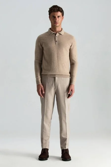 Polo Yaka Saf Kaşmir Camel Kazak