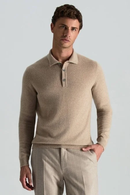 Polo Yaka Saf Kaşmir Camel Kazak