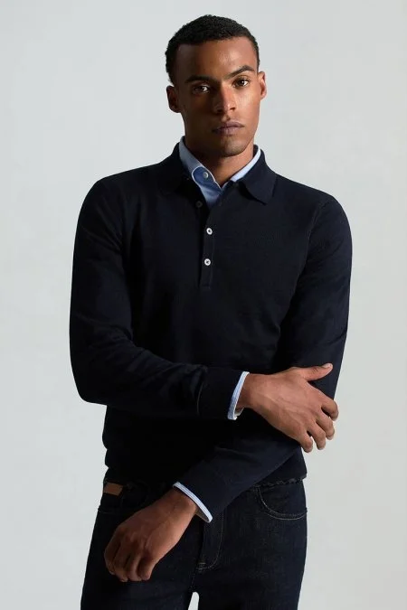 Polo Yaka Lacivert Merino Yün Triko