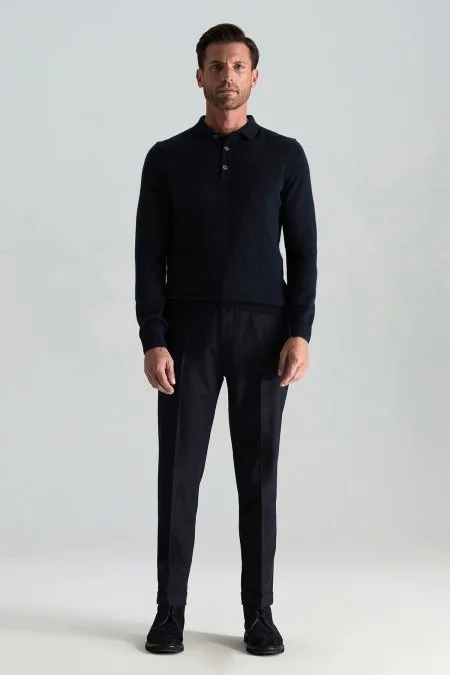 Polo Yaka Saf Kaşmir Lacivert Kazak