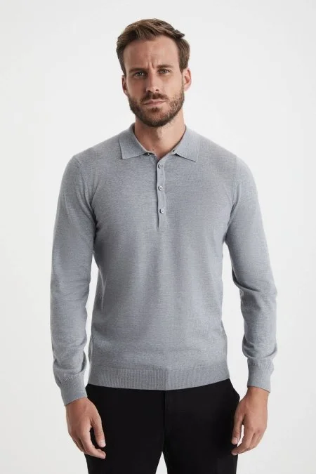 Extrafine Merino Polo Yaka Açık Gri Triko
