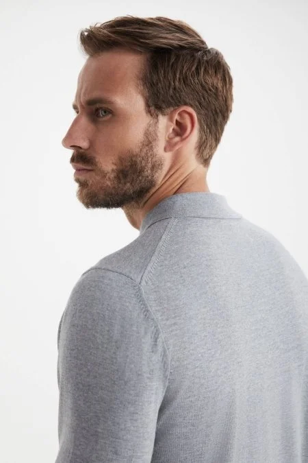 Extrafine Merino Polo Yaka Açık Gri Triko