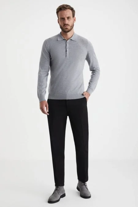 Extrafine Merino Polo Yaka Açık Gri Triko