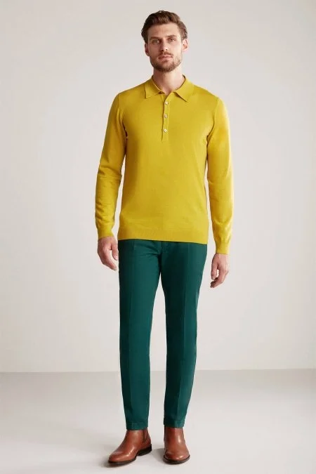 Extrafine Merino Polo Yaka Altın Sarısı Triko