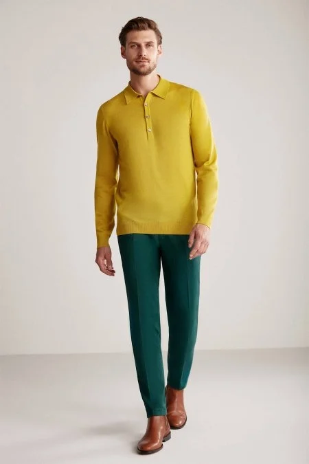 Extrafine Merino Polo Yaka Altın Sarısı Triko
