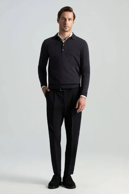 Extrafine Merino Polo Yaka Antrasit Triko
