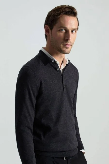 Extrafine Merino Polo Yaka Antrasit Triko